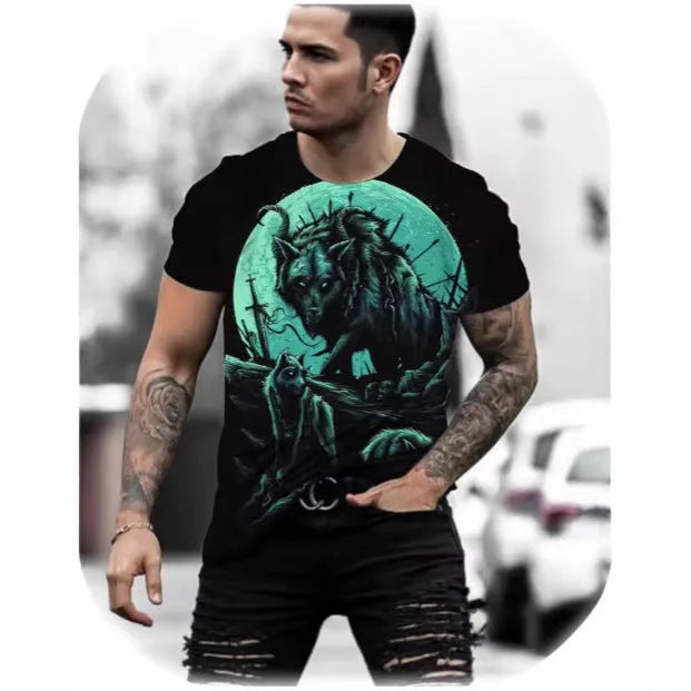 Men's retro style 3D animal print short sleeve t-shirt on a hanger