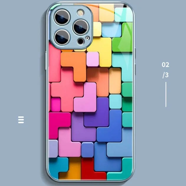 Silicone iPhone case with a raised cartoon geometric pattern on the back in a glass-effect colour.