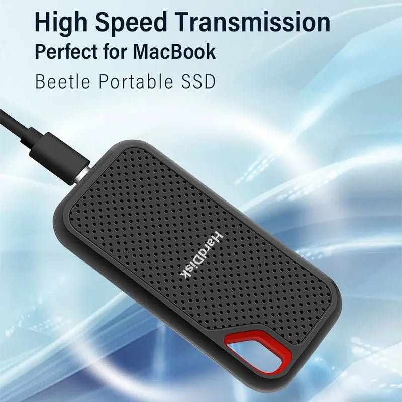 Black portable SSD with USB Type-C 3.1 interface, available in capacities from 500GB to 256TB