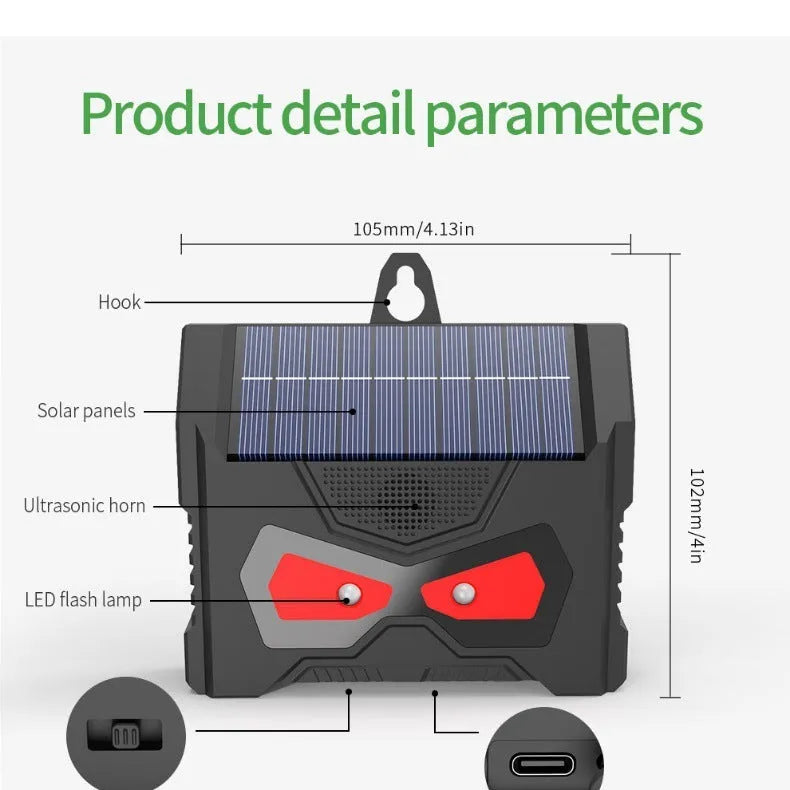 Black animal-shaped outdoor ultrasonic repeller with solar panel on top.
