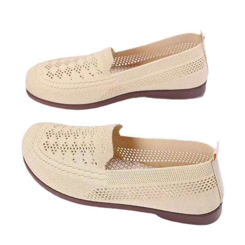Beige elderly antiskid mesh sneakers for women with Flyknit lining and PVC sole