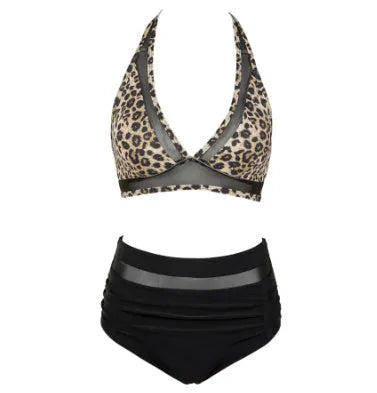 Women's black split bikini swimsuit set showing top and briefs style underwear