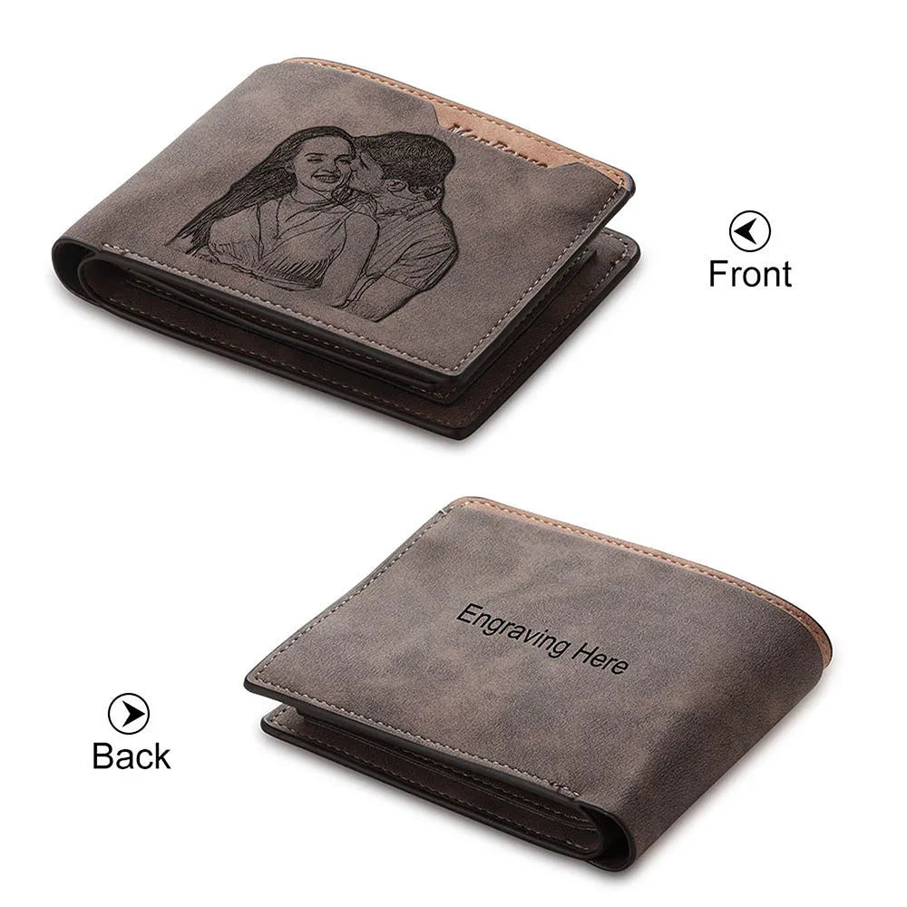 Coffee coloured engraved horizontal short PU wallet showing seven card slots.