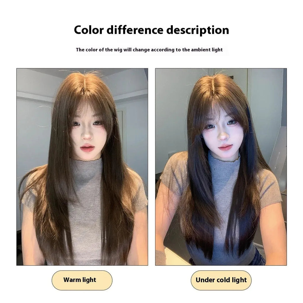 Cold brown long straight layered synthetic wig on a model, showing lace front detail.
