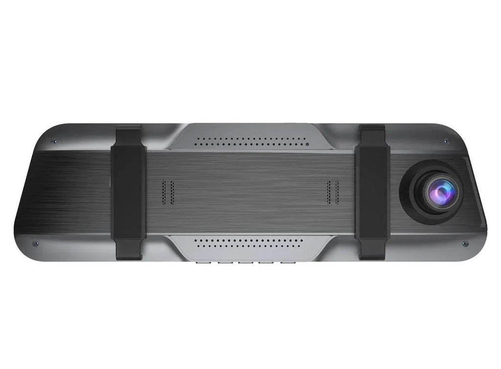 Black rearview mirror dash cam with 10-inch touchscreen display showing road footage.