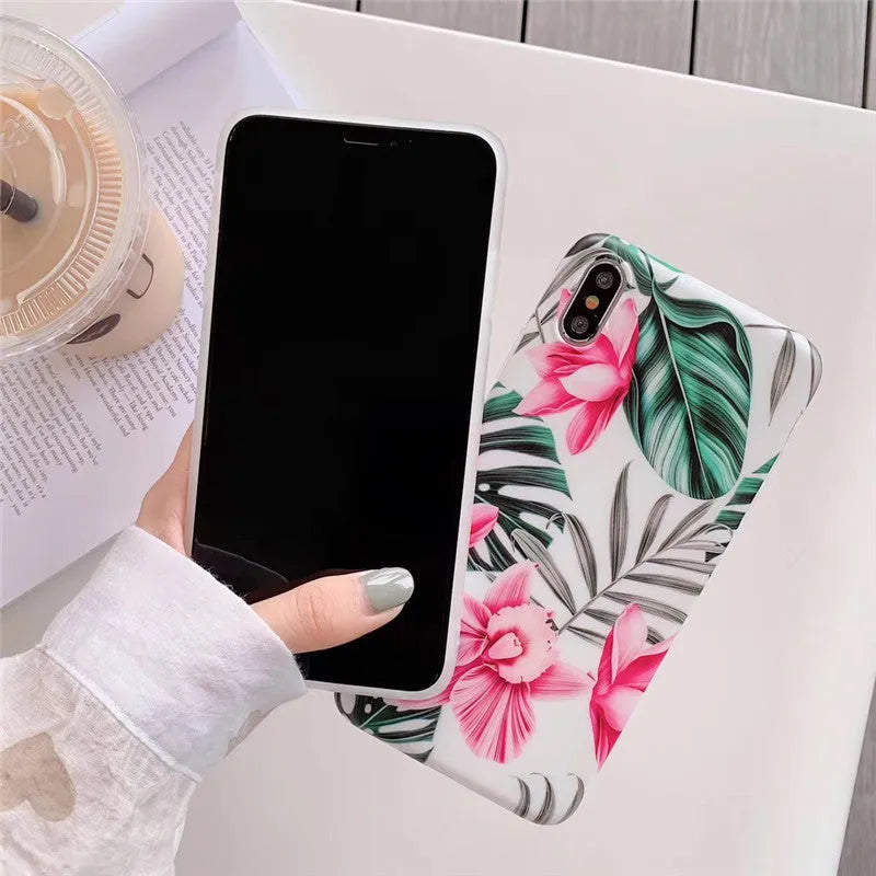 Pink flowers pattern floral design TPU phone case for Apple iPhone models on white background