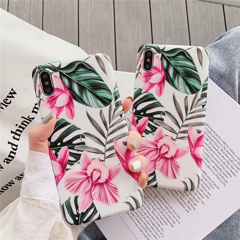 Pink flowers pattern floral design TPU phone case for Apple iPhone models on white background