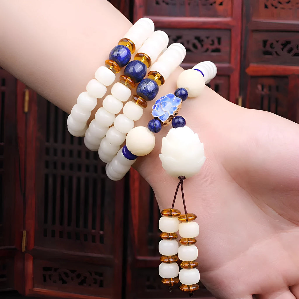 White Jade Bodhi Beads Long Bracelet in nine styles including Lotus, Cloisonne, and tassel options.