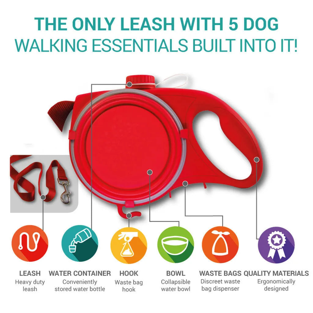 Retractable dog lead with built-in water bottle in blue, black or red, made from ABS with automatic telescopic rope