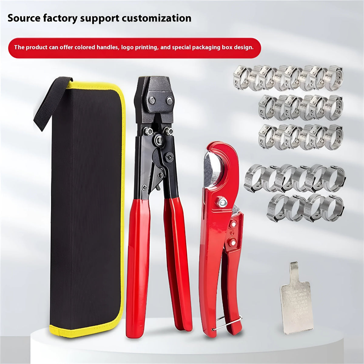 Red cloth finished single ear metal pipe clamp with a carbon steel cutting tool on a white background.