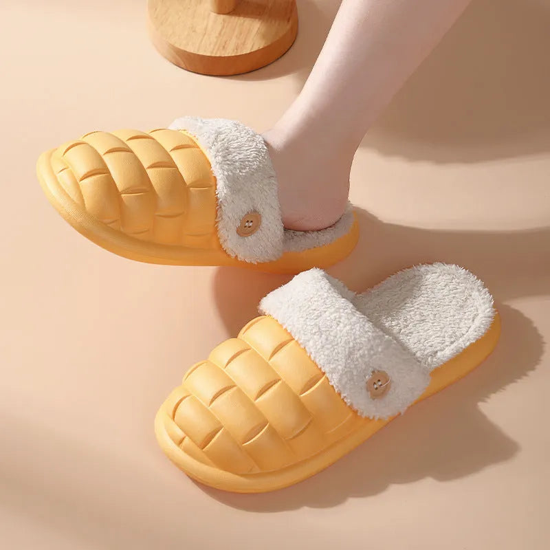 Plaid patterned detachable EVA slippers with plush lining shown in pink, green, yellow, white, grey and black.