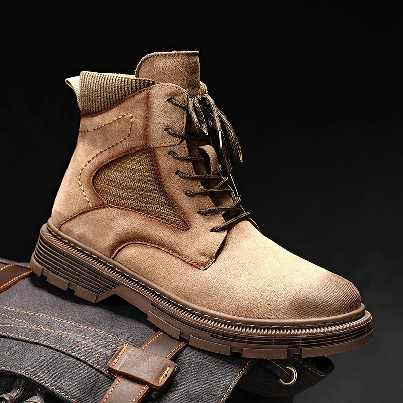 Men's vintage Martin boots in black with low thick heel and round toe