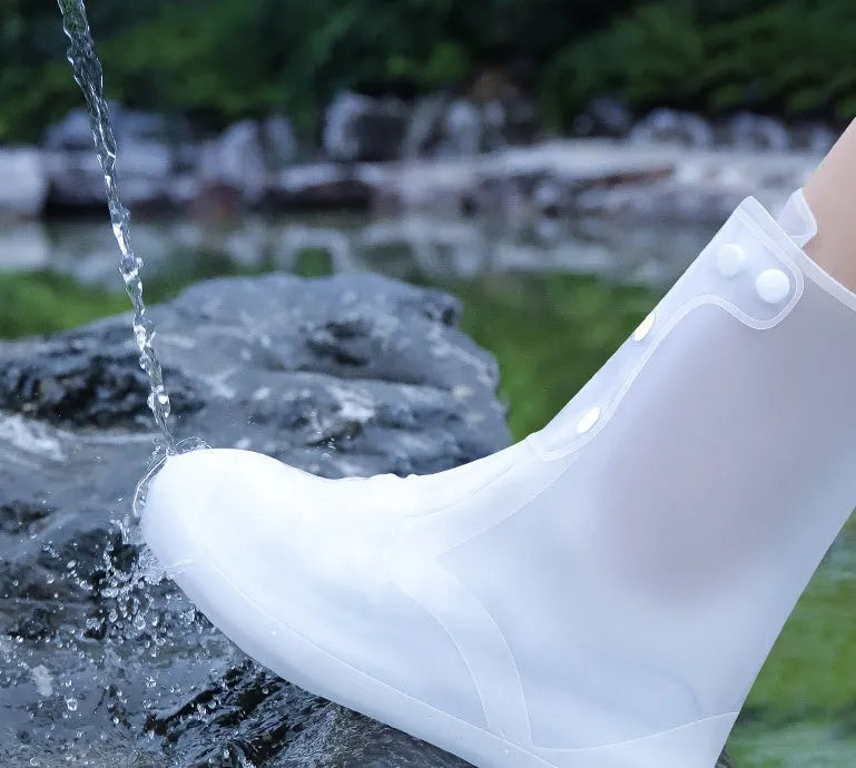 Women's reusable white PVC waterproof high-top shoe covers for outdoor rain protection