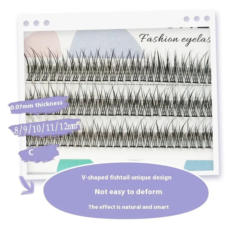 Black v-shaped fairy fishtail false eyelashes with thick segments on a clear band.