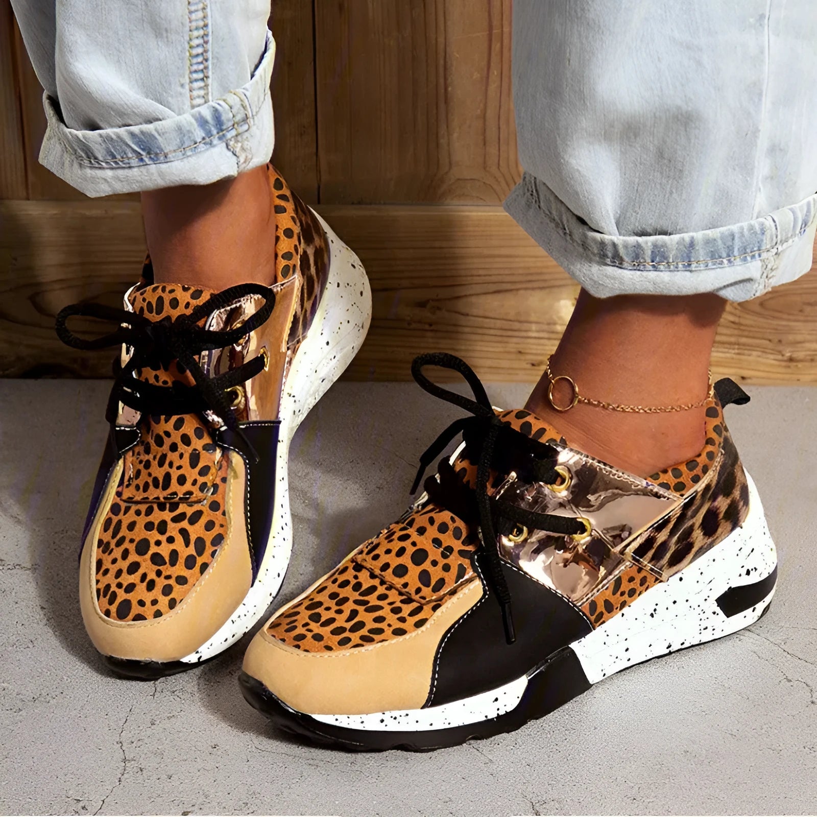 Women's casual suede flat sneakers with wedge heel in black, leopard, pink, panther, and snake pattern options.