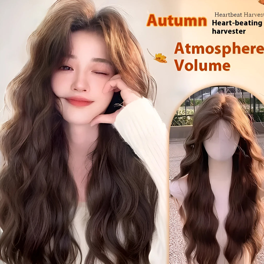 Women's long curly synthetic wig with side bangs in brown black colour