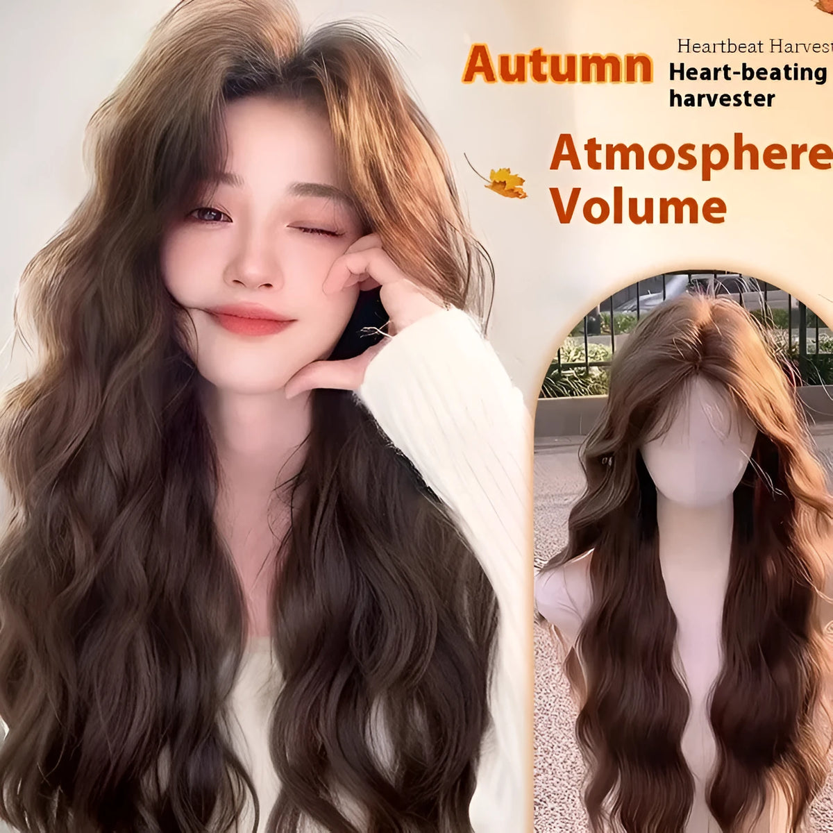 Women's long curly synthetic wig with side bangs in brown black colour