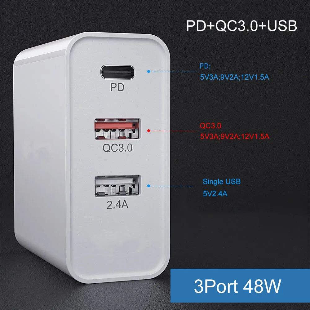 White and black multi-port USB fast wall charger with PD and QC 3.0 support on a table.