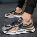 Men's grey and black breathable mesh casual running shoes with a round toe and lightweight EVA sole.