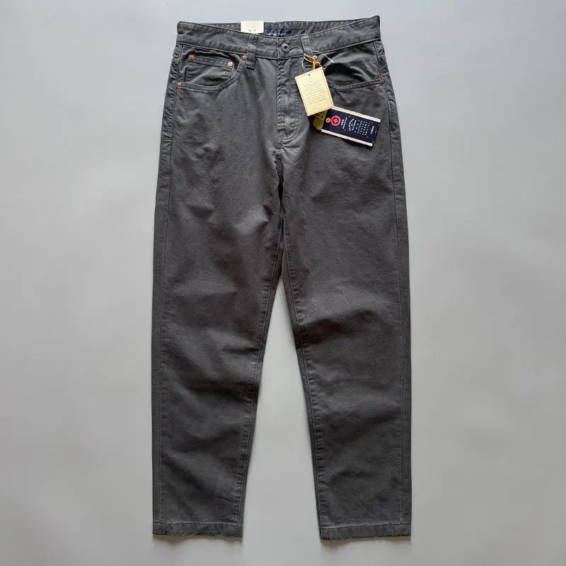 Men's straight-leg cotton trousers in American retro style showing solid colours and classic cut