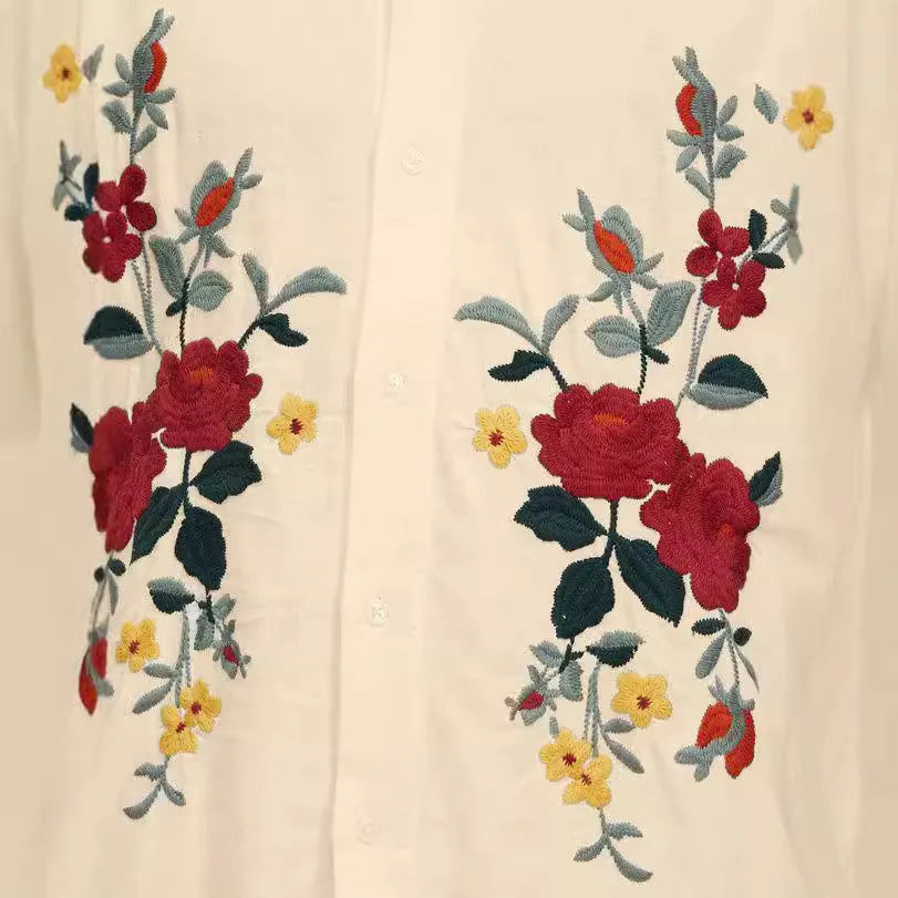 Apricot vintage floral print men's casual summer shirt with short sleeves