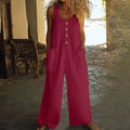 Women's sleeveless cotton jumpsuit with wide-leg trousers and elasticated waist in multiple colour options