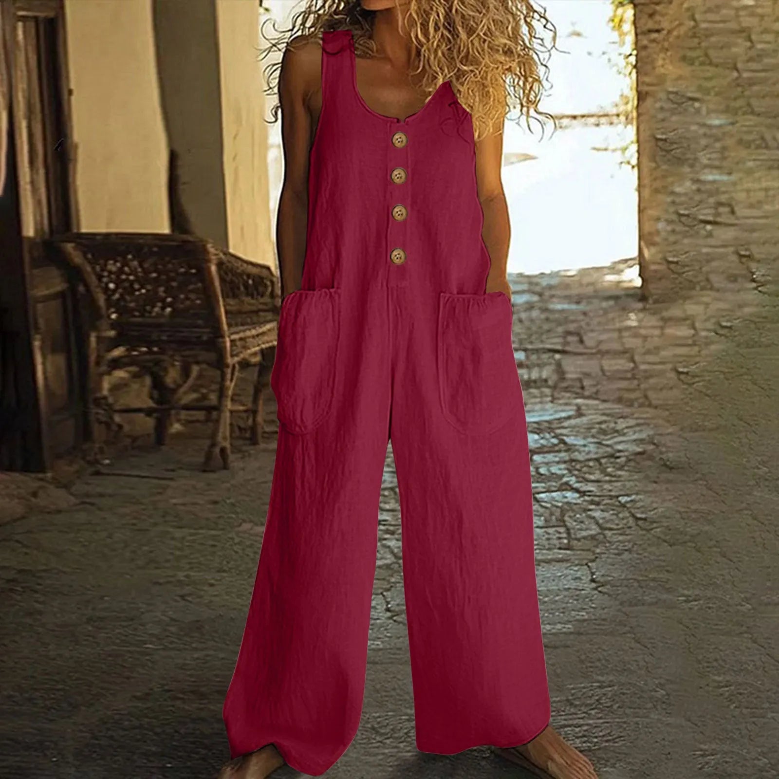 Women's sleeveless cotton jumpsuit with wide-leg trousers and elasticated waist in multiple colour options