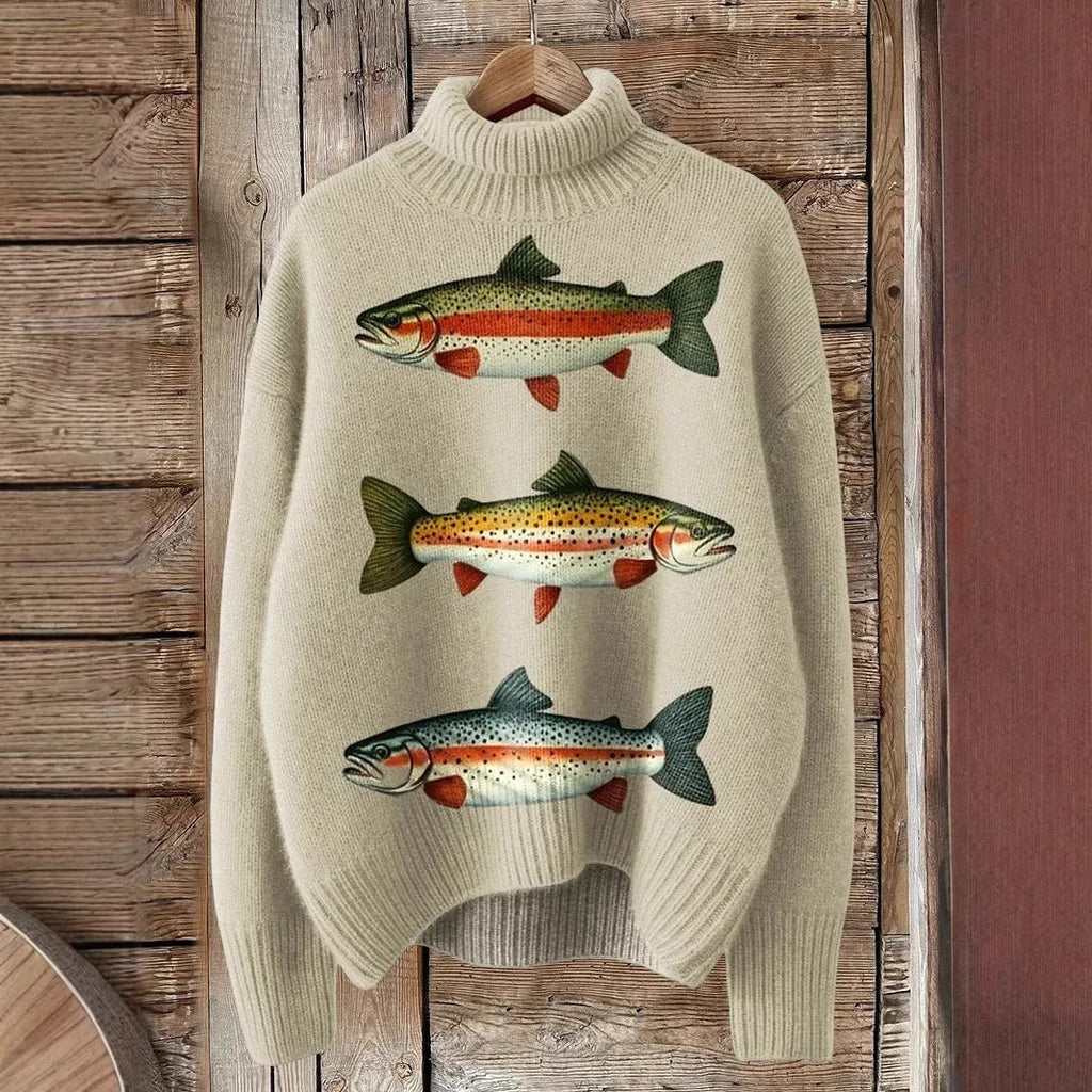 Women's Christmas printed turtleneck sweater in polyester with loose fit and long sleeves