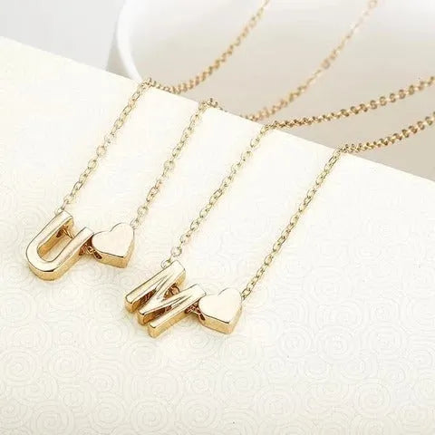Peach heart shaped letter necklace pendant in gold or silver alloy, 5.5g, A to Z initial design