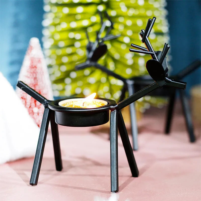Black iron Christmas deer candlestick with elk bracket design for festive table decoration