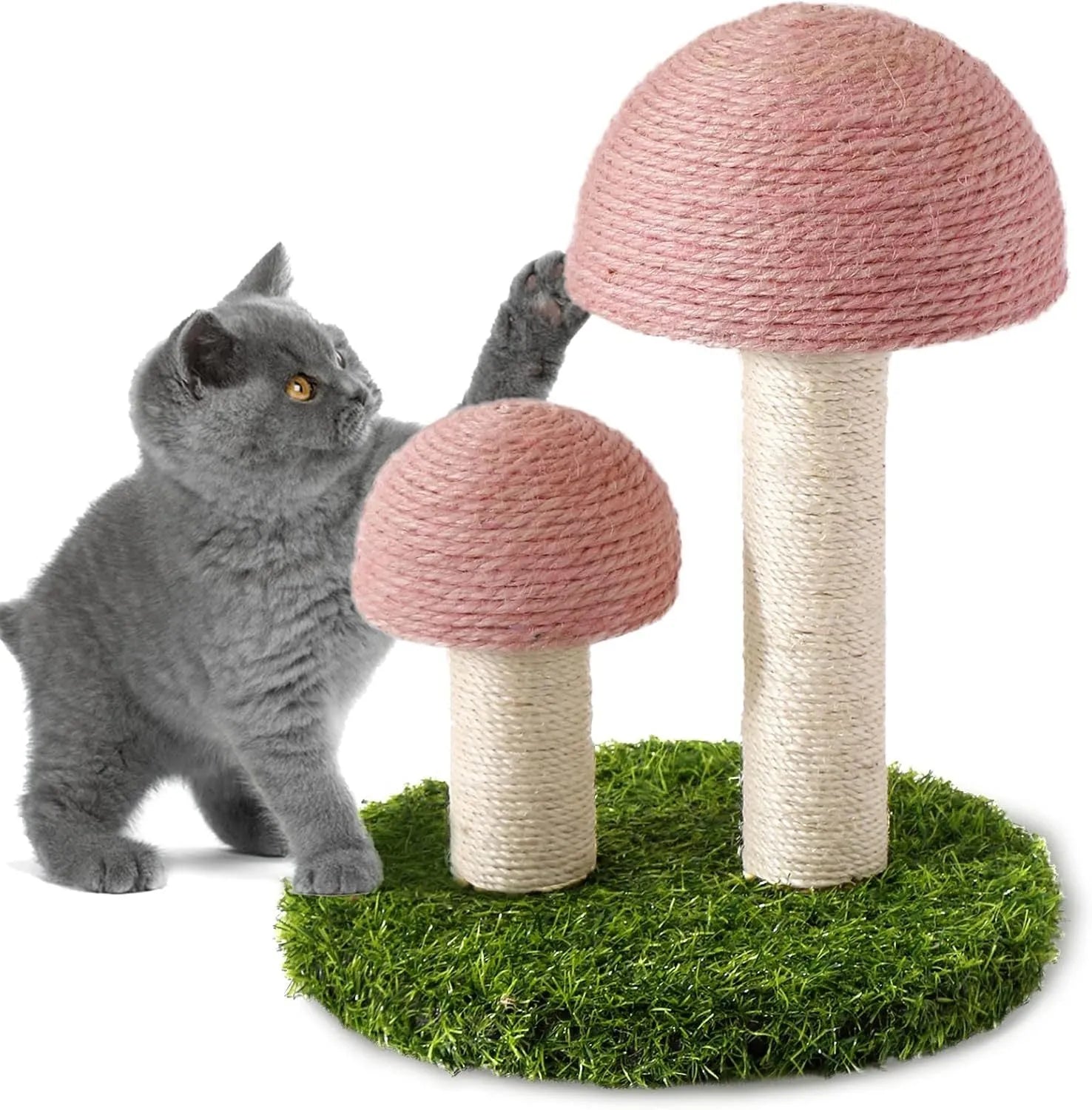 Pink mushroom cat scratching post with natural sisal caps and pole for small cats
