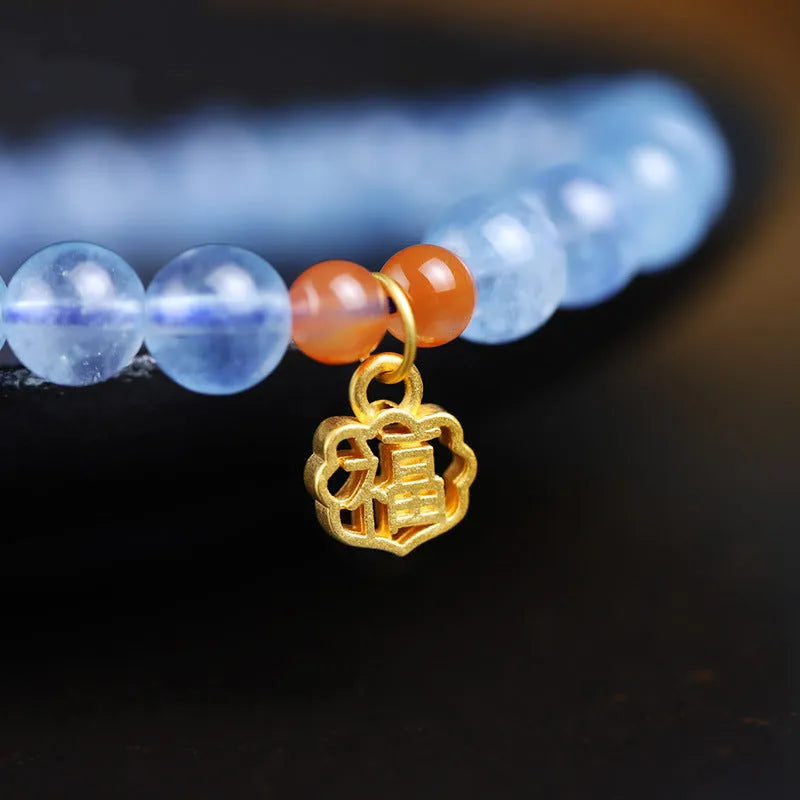 Ice translucent aquamarine crystal bead bracelet with blessing card charm and adjustable closure