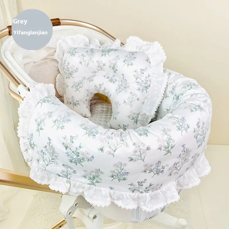 Pure cotton pet stroller accessory set showing removable towel, cushion and pillow in striped pattern