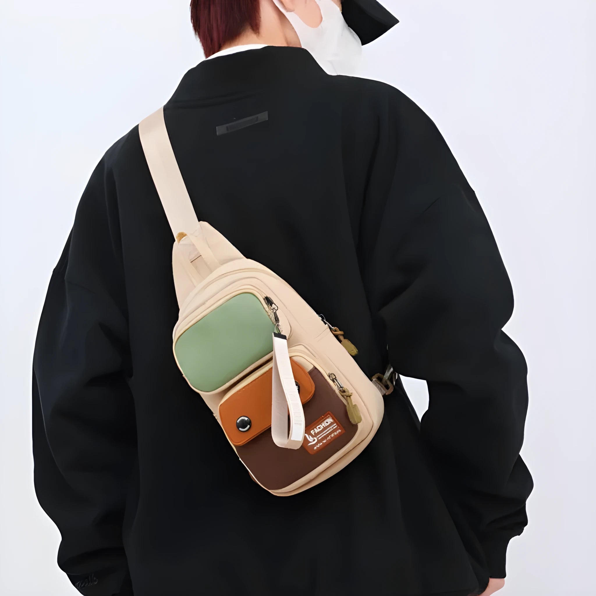 Outdoor leisure crossbody bag with letter pattern in black with contrast colour options