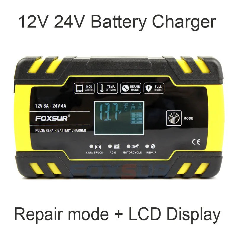 12V 24V battery charger unit with screen display showing charging parameters