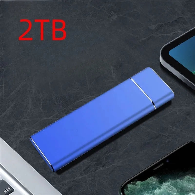Sapphire Blue portable external hard drive with metal shell measuring 10.3cm with included data cable