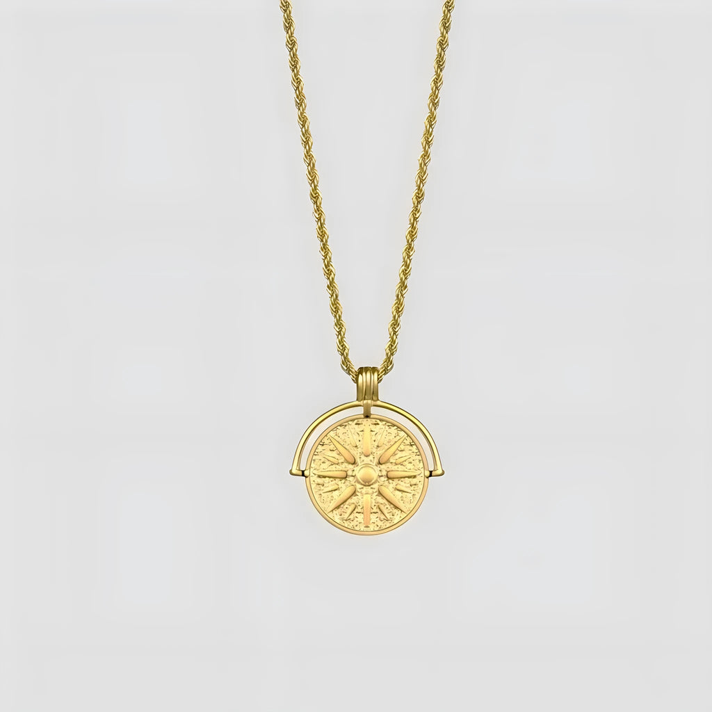 Stainless steel sunflower pendant necklace with geometric embossed designs on adjustable hemp flower chain
