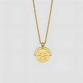 Stainless steel sunflower pendant necklace with geometric embossed designs on adjustable hemp flower chain
