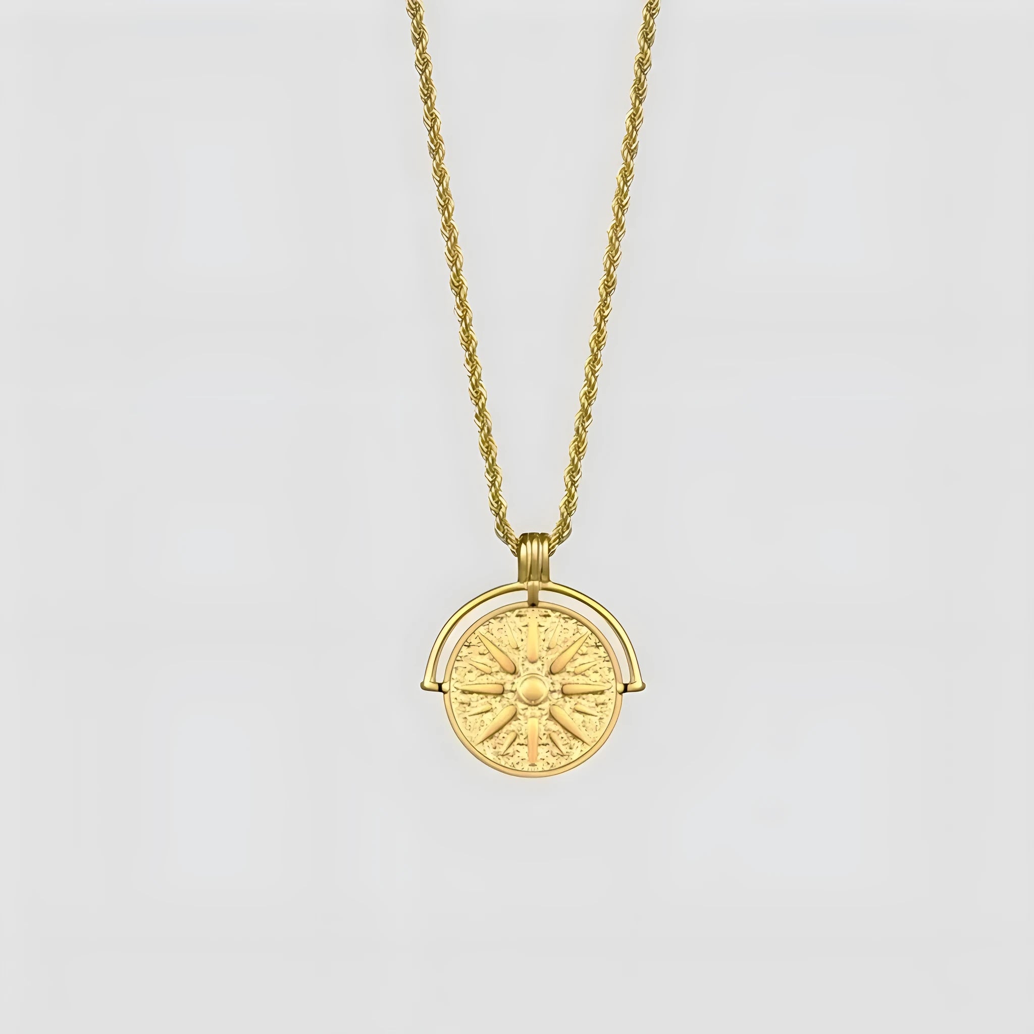 Stainless steel sunflower pendant necklace with geometric embossed designs on adjustable hemp flower chain