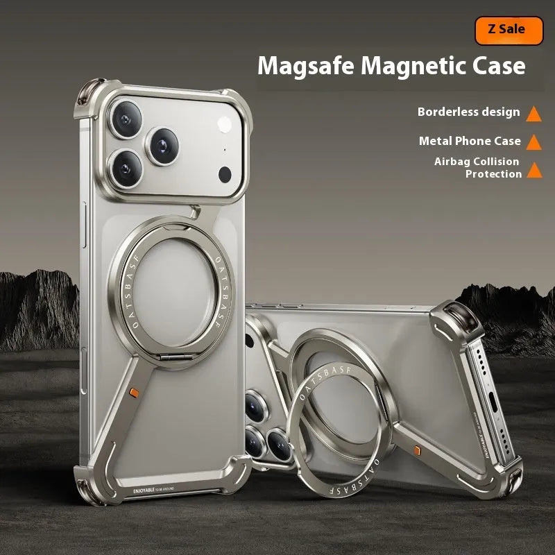 Black metal iPhone 17 Pro Max case with integrated magnetic bracket on the back.