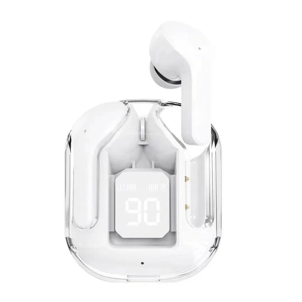Transparent space capsule case containing true wireless Bluetooth earphones with digital display screen