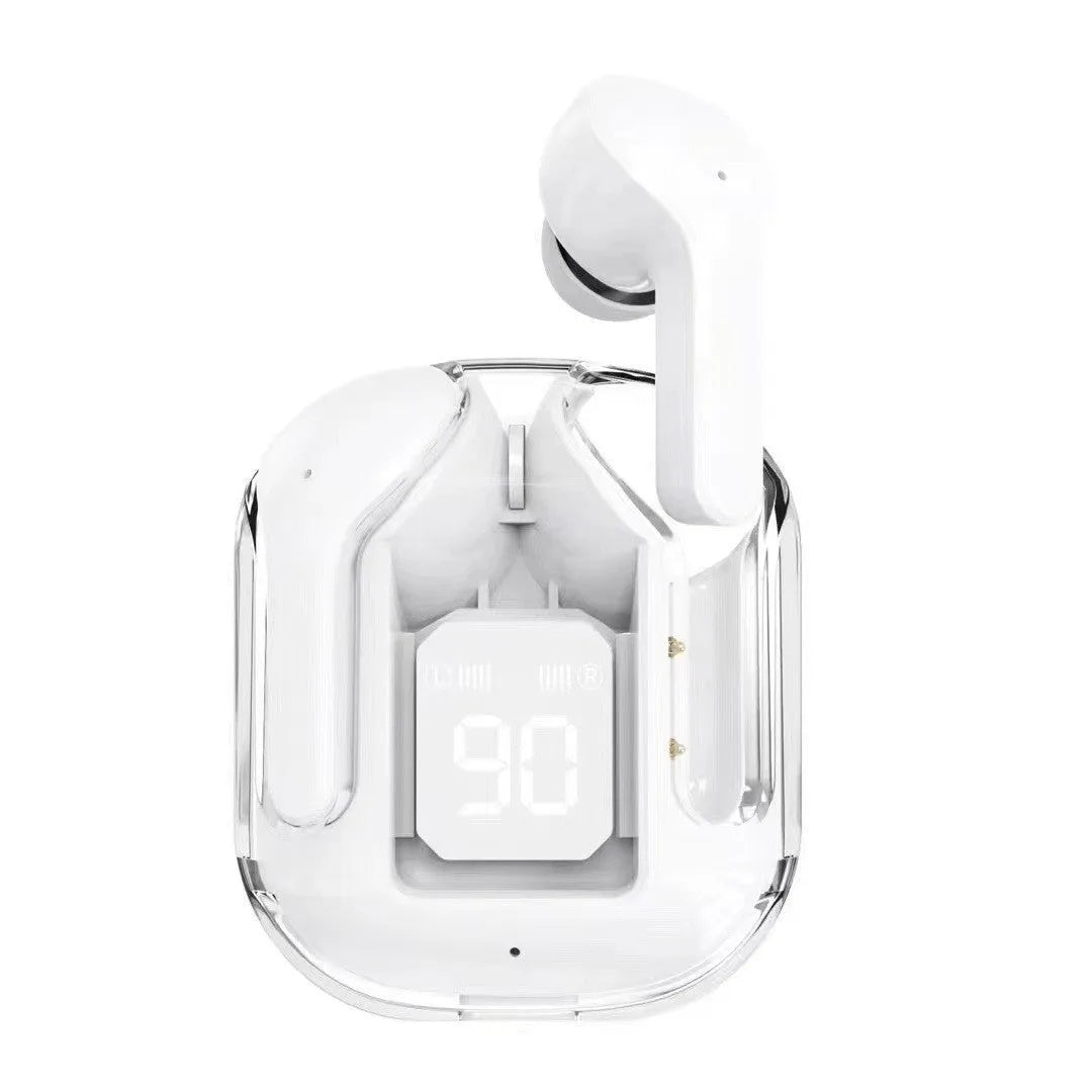 Transparent space capsule case containing true wireless Bluetooth earphones with digital display screen