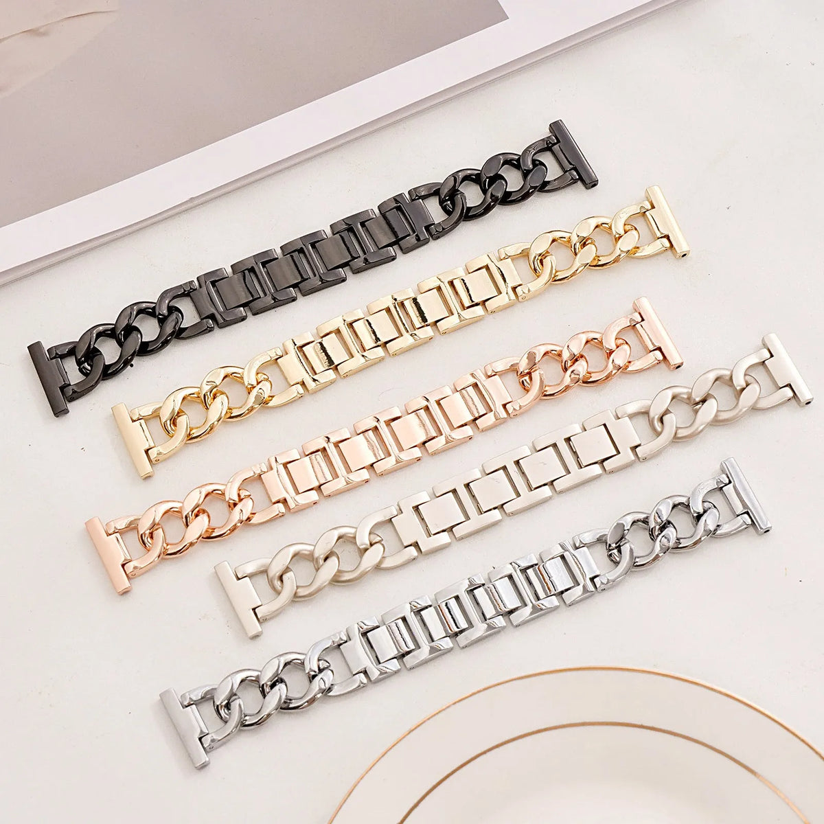 Metal denim chain watch strap for Apple Watch in silver, black, gold, rose gold, or starlight colour.