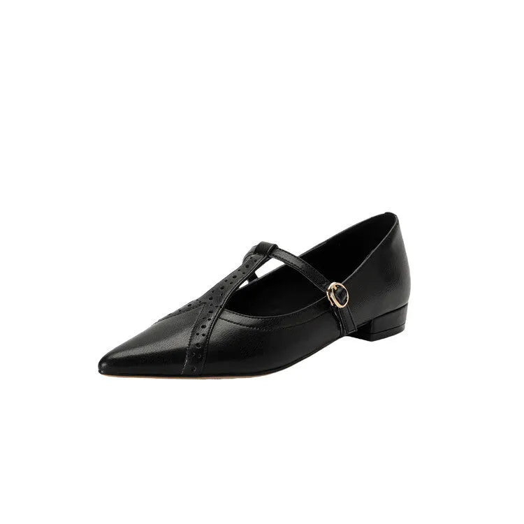 Brown women's cowhide leather flat shoes with round toe and soft sole