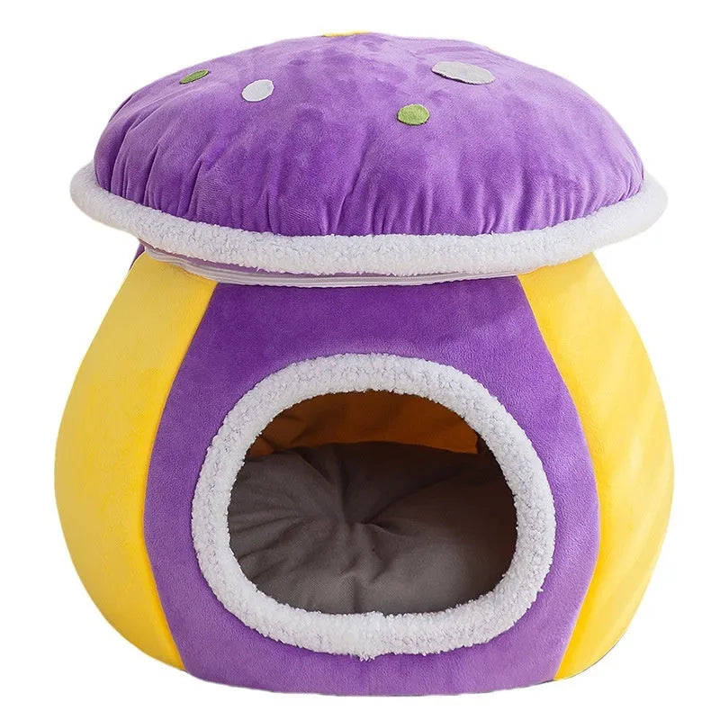 Mushroom-shaped plush cat bed in grey, pink, or purple colours with thermal construction