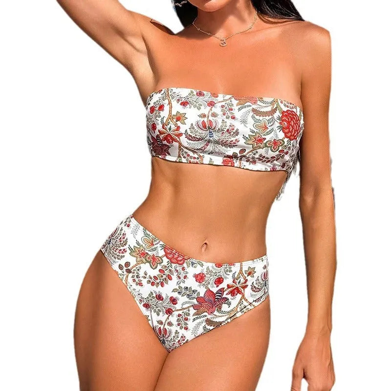 Women's printed bandeau swimsuit two-piece set with matching shorts for swimming