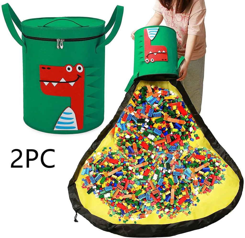 Green felt cube storage bag with pull rope, laid flat as a play mat