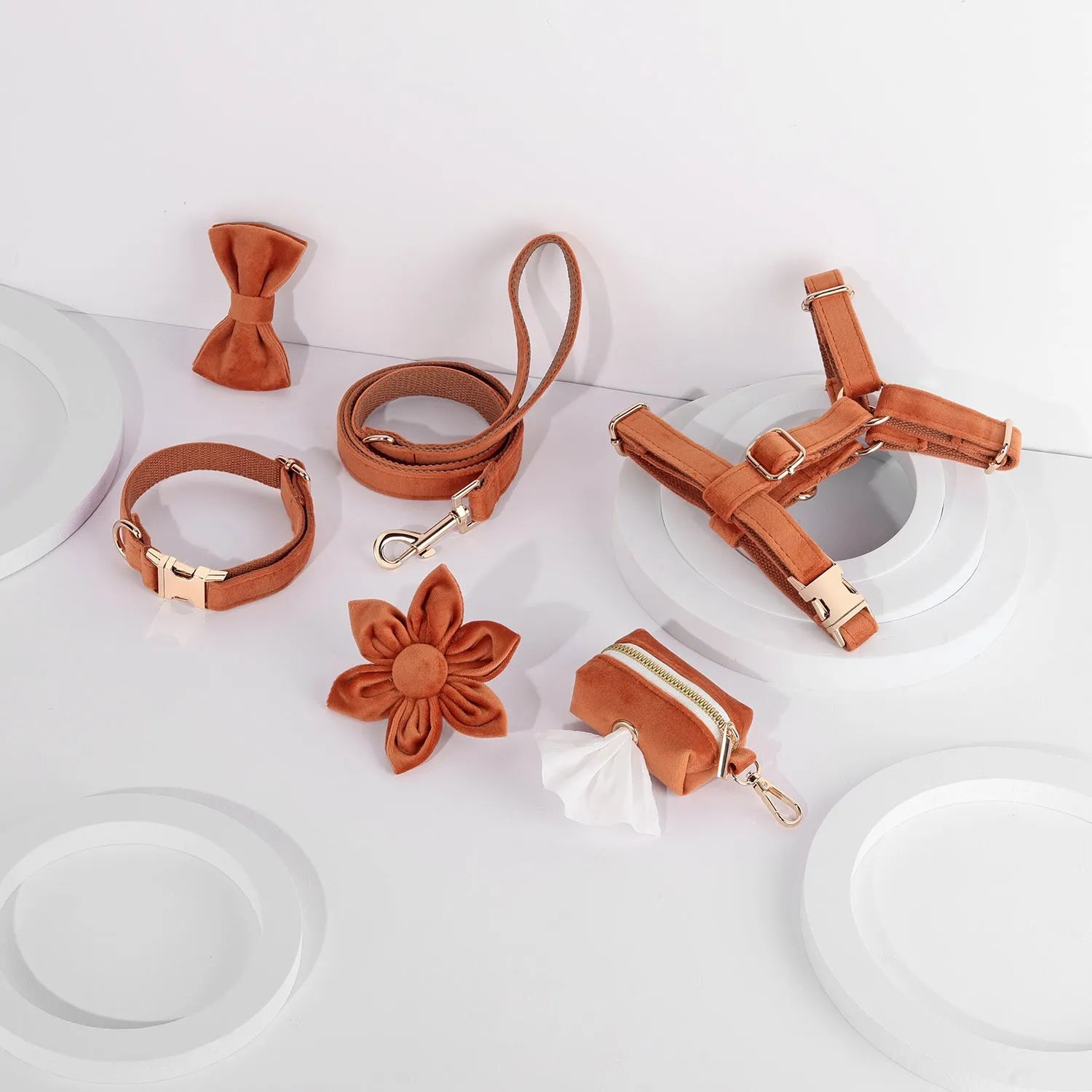 Velvet pet collar and traction rope set with chest strap and bow tie accessory
