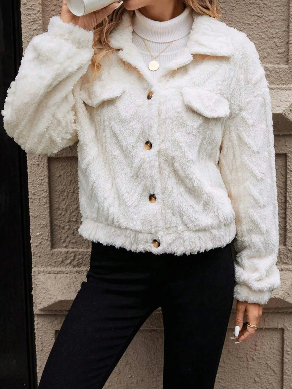 Ivory white women's double-sided plush button cardigan with long sleeves