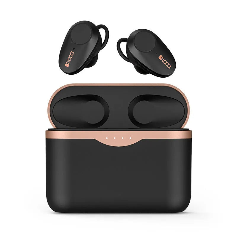 Black wireless Bluetooth headset with charging stand showing earbuds.